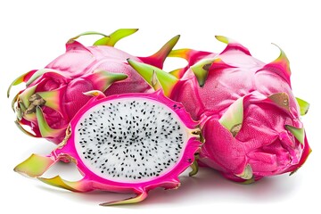 Close-up image of whole and halved dragon fruit, isolated on white background. White flesh and black seeds
