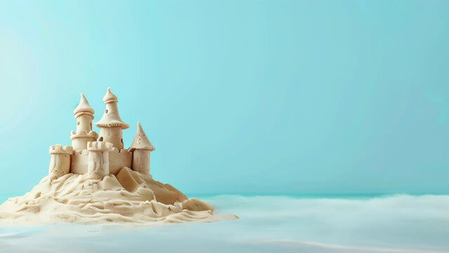 sandcastle on sunny beach with turquoise water in the background, empty space for text, holidays and travel, tourism, family children beach activities.