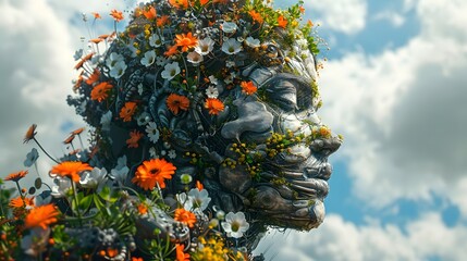 A surreal artwork depicting a humanoid head with a fusion of organic and metallic elements, with flora growing out of the mechanical parts, representing the harmony between nature and technology