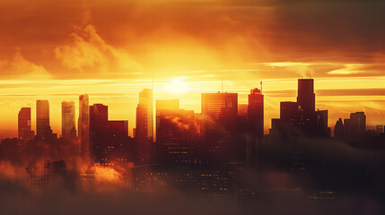 a city skyline with warm, golden hues of sunset in the background
