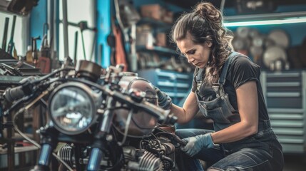 Female mechanic intensely focused on repairing a motorcycle in a workshop, representing skill, dedication, and technical expertise. Concept of women in trades, engineering, and mechanical work.