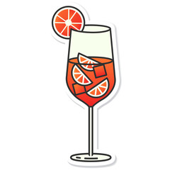 Sticker glass of aperol spritz isolated.Summer cocktail aperitif with oranges and ice cubes. Summer cocktail emblem.Aperol spritz icon on a white background. Vector illustration EPS 10