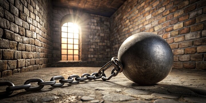 Close-up of an open shackle prison ball and chain on a dungeon floor symbolizing incarceration and escape