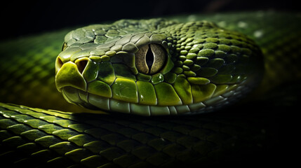 Fototapeta premium Green snake face close up on black background 