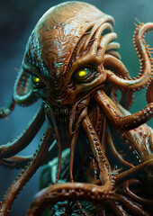 Fototapeta premium portrait of an alien creature with many tentacles and yellowgreen eyes