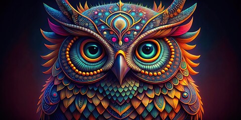 Colorful owl with intricate patterns on a dark background. Wildlife perfect for bird lovers