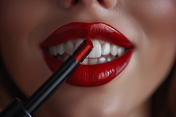 A vibrant lipstick being applied to smiling lips. Concept of beauty and self-expression. Generative Ai.