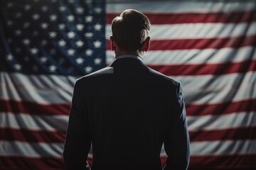 Fototapeta premium Candidate Giving a Concession Speech with American Flag in Background on USA Election Night