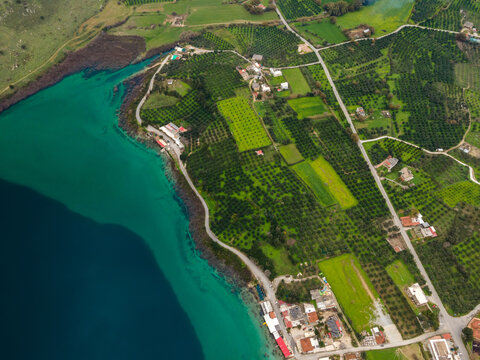 Aerial top view by drone of Kournas lake on Crete island. Greece.