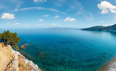 Summer morning sea coast (near Pulebardha beach, Saranda, Albania). High-resolution panorama.