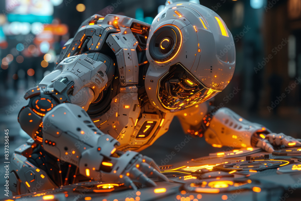 Poster engineers working on a complex robotic project. concept of innovation and technological advancement.