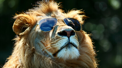 portrait of a lion. close-up of a lion, sunglasses.