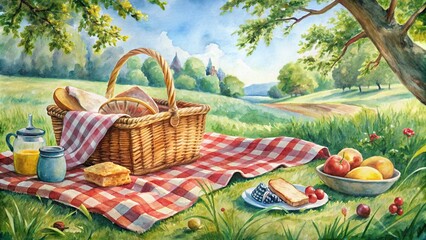 Vintage watercolor picnic scene with a blanket and food basket