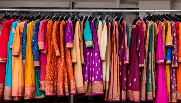 Indian women kurtis or lehanga on a rack for sale at a clothing store. traditional Indian women clothes for festival.

