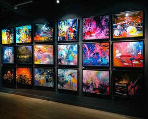 An art museum gallery wall features a series of paintings depicting abstract versions of different musical concerts, all framed in black.