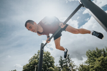 A fit man performs strength training exercises on bars in an urban park under a clear blue sky,...
