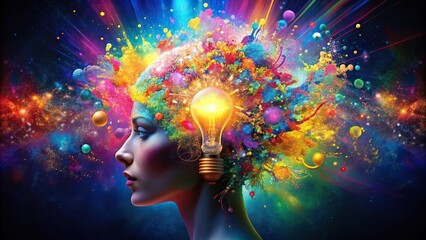 Vibrant explosion of creative thoughts and ideas bursting from a human mind