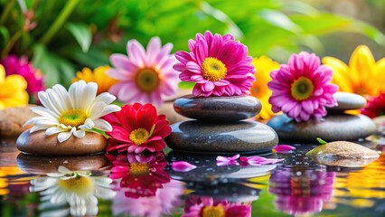 Zen spa stones surrounded by colorful flowers