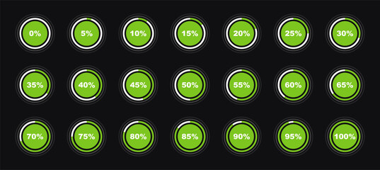 Circle percentage diagrams set. Loading indicator. Download process. Percentage pie chart for infographics, ui, web design and business presentation. Vector illustration.