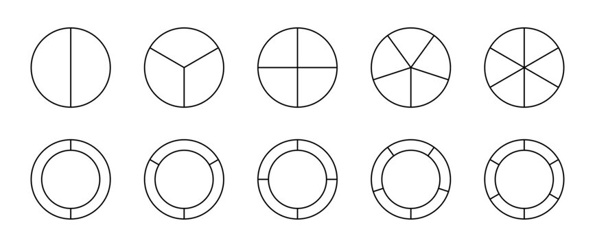 Pie chart infographic set. Circle diagram collection with sections or parts. Segmented circle icons for infographic, data analysis, web design, ui or presentation. Vector illustration.