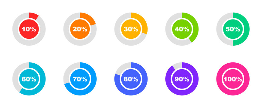 Circle percentage diagrams set. Loading indicator. Download process. Percentage pie chart for infographics, ui, web design and business presentation. Vector illustration.