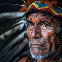 Retrato de un hombre  perteneciente a una tribu del amazonas.