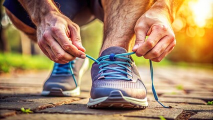 Closeup of a pair of running shoes with the shoelaces being tied for a run - Powered by Adobe