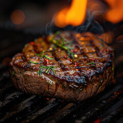 Solomillo, o filete de carne de muy buena calidad a la braza, al fuego, lista para comer.