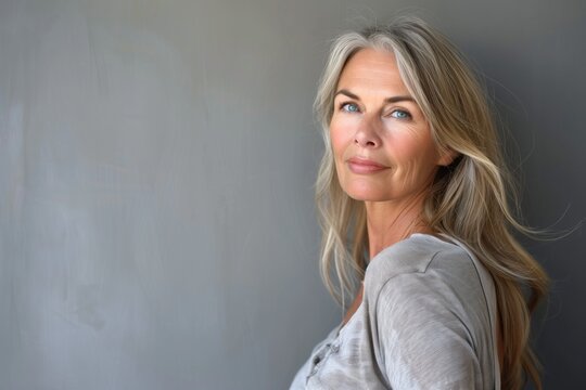 Beautiful gorgeous 50s mid aged mature woman looking at camera isolated on white. Mature old lady close up portrait. Healthy face skin care beauty, middle age skincare cosmetics