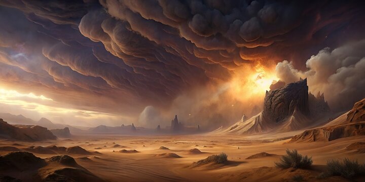 Monstrous sandstorm engulfing desert landscape, glowing sky