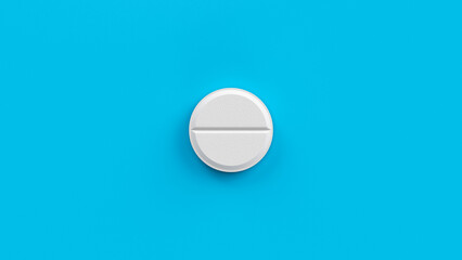 White single pill isolated on a blue background. Tablet, pill capsule top view, flat lay. 3d render illustration 