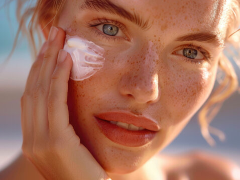 Mujer bella aplic&aacute;ndose crema en el rostro.