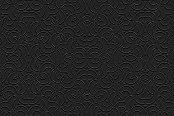 Embossed black background, tribal cover design, boho motifs. Geometric vintage decorative 3D pattern. Mandala, ethnic ornaments, arabesques, handmade East, Asia, India, Mexico, Aztec, Peru.