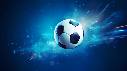 Soccer ball flying on blue background