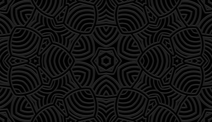 Embossed black background, tribal cover design. Geometric decorative 3D pattern, boho motifs, business card. Ethnic ornaments, arabesques, handmade. Traditions of the East, Asia, India, Mexico, Aztec,