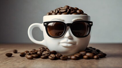 Mrs. coffee cup on a wooden table with roasted coffee beans.