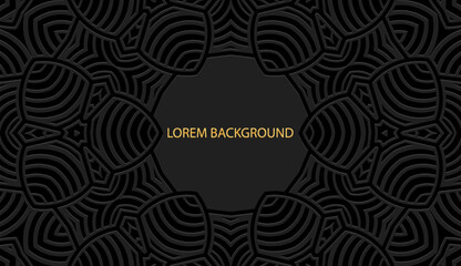 Embossed black lorem background, tribal cover design. Geometric decorative 3D pattern, boho motifs, business card. Ethnic ornaments, handmade. Traditions of the East, Asia, India, Mexico, Aztec, Peru.