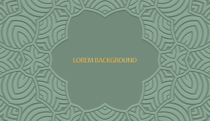 Embossed green lorem background, tribal cover design. Geometric original 3D pattern, boho motifs, business card. Ethnic ornaments, handmade. Traditions of the East, Asia, India, Mexico, Aztec, Peru.