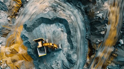 Aerial view of mining excavation site. Vehicle in lithium mine shot from above