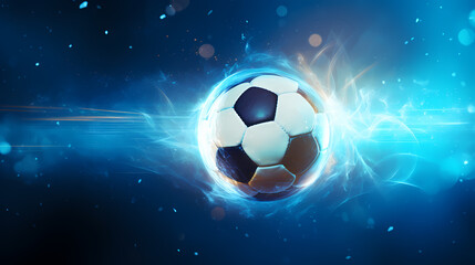 Soccer ball flying on blue background