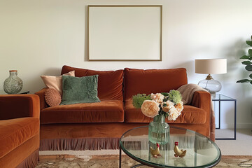 A living room with an orange velvet couch, two green pillows, and a glass coffee table. There is also a small vase of flowers on the sofa. Above it hangs one large blank picture frame in white.