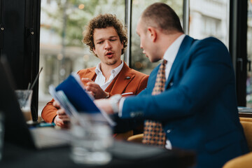 Two professionals in a business meeting, reviewing documents in a modern coffee bar environment....