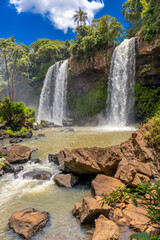 Obraz premium Iguazu falls waterfall in Argentina and Brazil border on the river Iguazu. Tropical landscape with powerful waterfall stream in the jungle. Iguassu falls, cataratas iguazu natural wonder national park