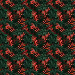 Seamless green and red vector pattern with fir leaves. Abstract creative artistic templates with Christmas floral backgrounds