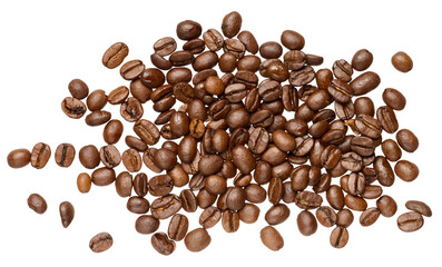 Roasted coffee beans scattered on isolated background