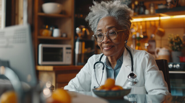 Doctora afroamericana dando atenci&oacute;n telem&aacute;tica  desde su casa a pacientes, concepto de salud en tiempo de pandemias.