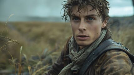 Weathered Wanderer Surveys the Windswept Landscape in Solitary Contemplation