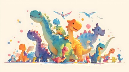 Adorable Baby Dinosaurs Exploring Whimsical Pastel Toys in a Minimal Watercolor World