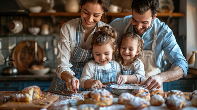 Familia en la cocina, divirti&eacute;ndose y cocinando juntos haciendo pasteles con harina.