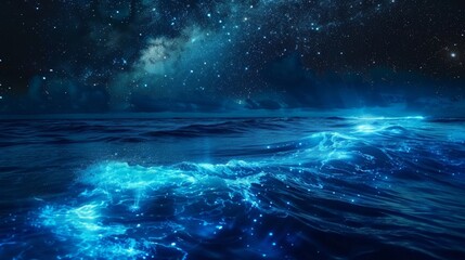 Obraz premium Bioluminescent Ocean Waves Under Starry Sky